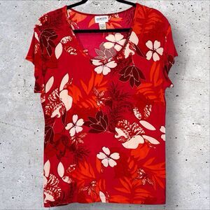 Chicos Travelers Top Red Floral Tropical Size 2 Large Stretchy Slinky Scoop Neck